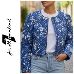7 For All Mankind Blue and White Patterned Quilted Crop Jacket